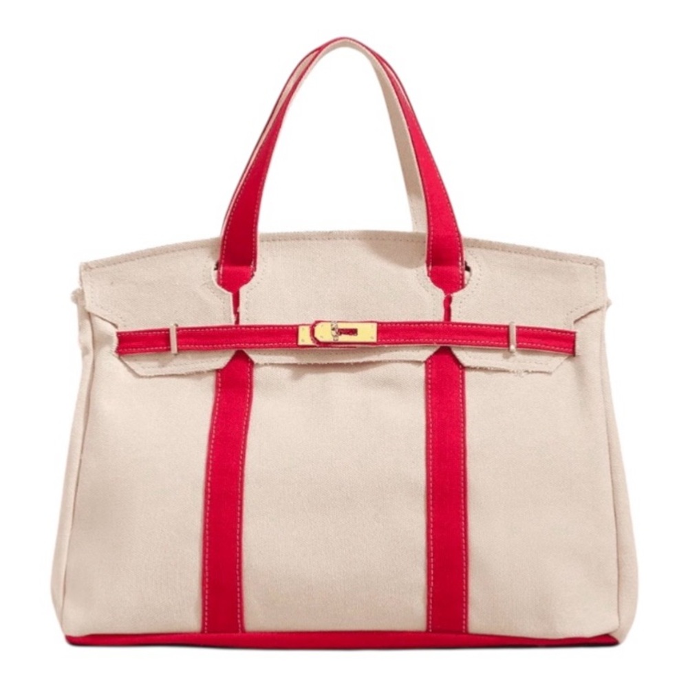 Luxury Style Canvas Boat Tote Bag Red Strap and Gold Hardware
16.7x12.5”
